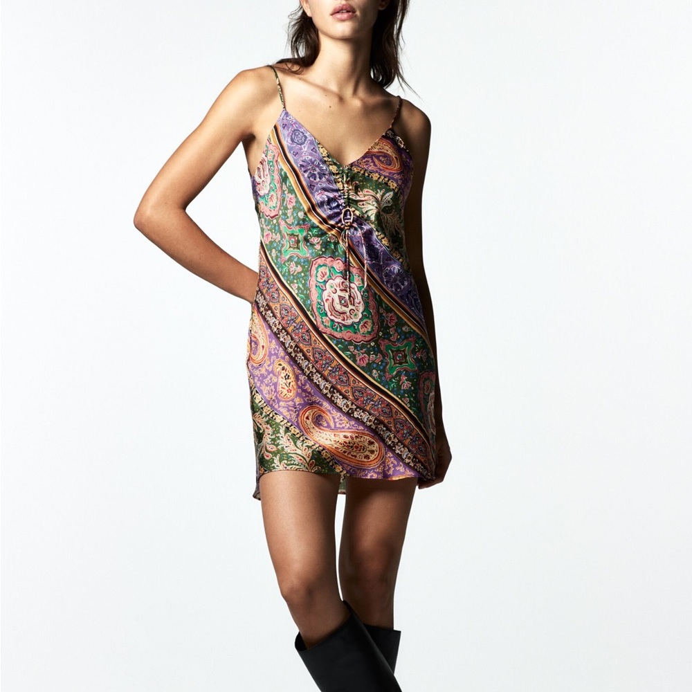 Zara Paisley Satin Front Ruched Slip Dress NWT